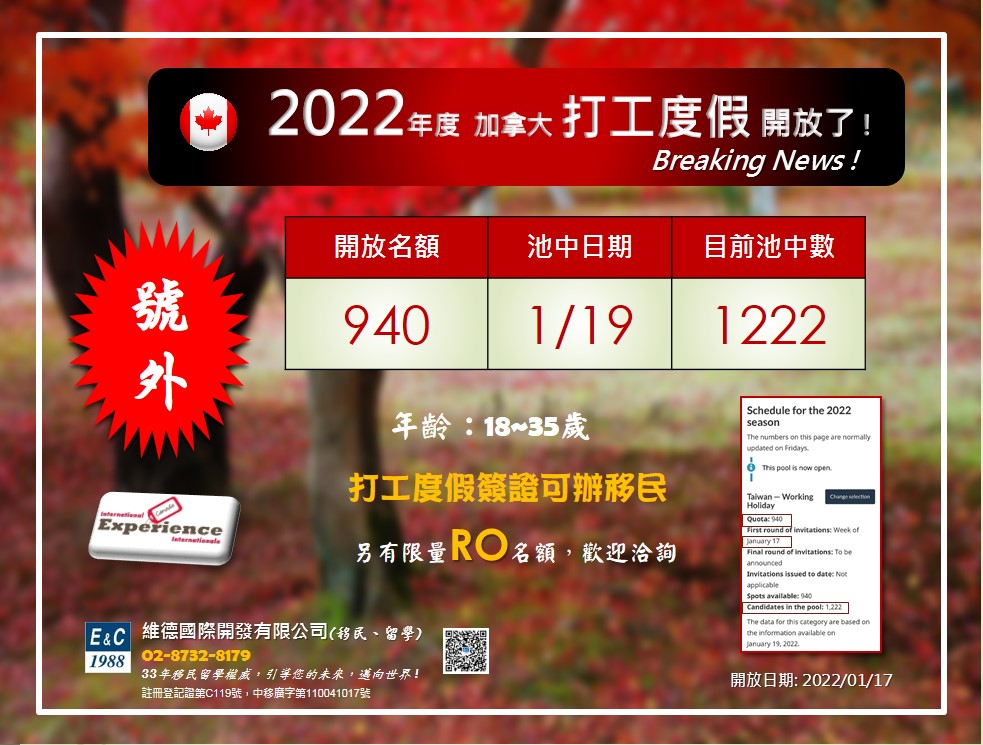 2022 年加拿大打工度假開始接受申請